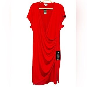 Avenue Red Draped V-Neck Midi Dress
